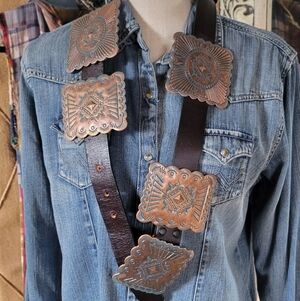 L&B Brown Leather Belt with Copper Conchos Buckle Fits 36-40"